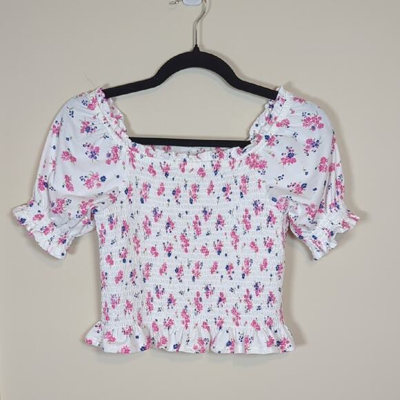 Rare Editions Tops - Rare Editions White Pink Floral Smocked Puff Sleeve Crop Top